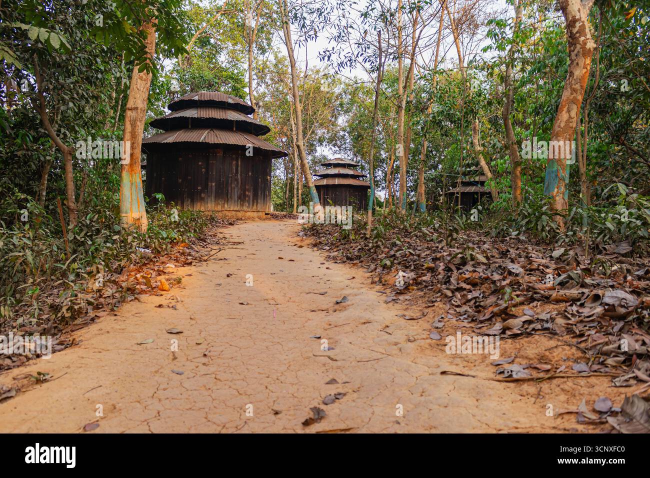 Struttura di capanne in legno che si fonde con i dintorni naturali della foresta del monastero Foto Stock