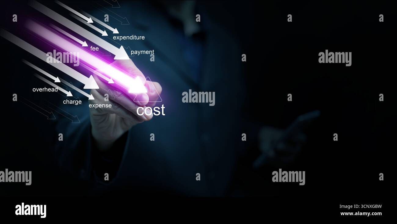 Illustrazione finanziaria astratta che mette in evidenza la gestione dei costi con frecce al neon e mano d'affari, simboleggiando l'efficienza, risparmiando denaro e riducendo i costi Foto Stock
