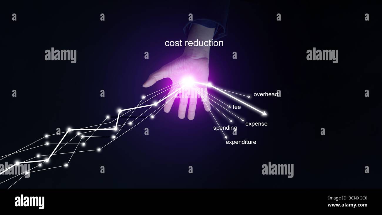 Illustrazione finanziaria astratta della riduzione dei costi con luce al neon e linee grafiche collegate, che rappresentano l'ottimizzazione delle spese, il controllo dell'overhead, e Foto Stock