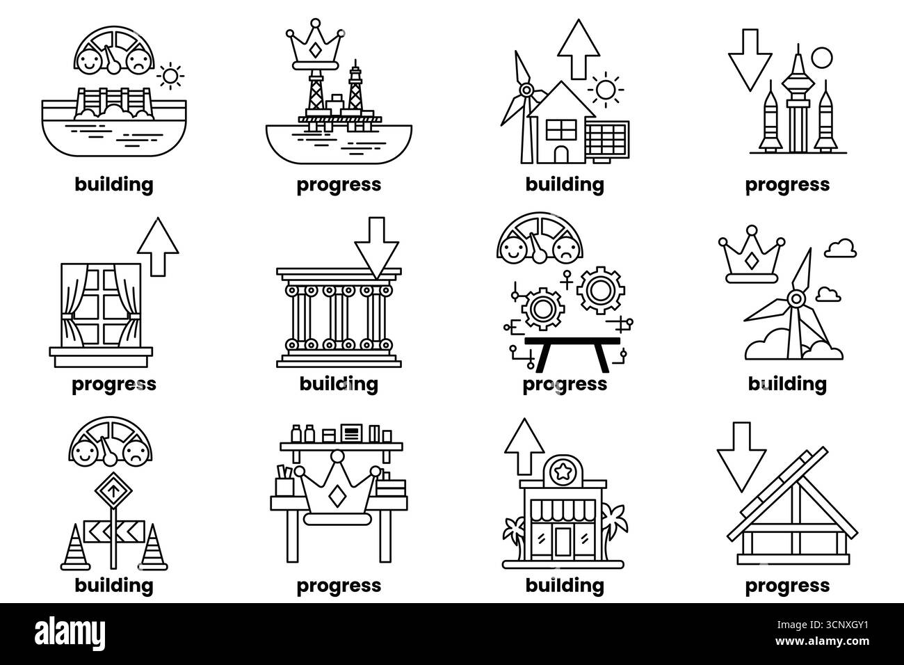 L'immagine è una serie di icone che rappresentano diverse fasi della costruzione di una struttura. Le icone includono un edificio, una chiave, una moneta, un righello, un libro, Illustrazione Vettoriale