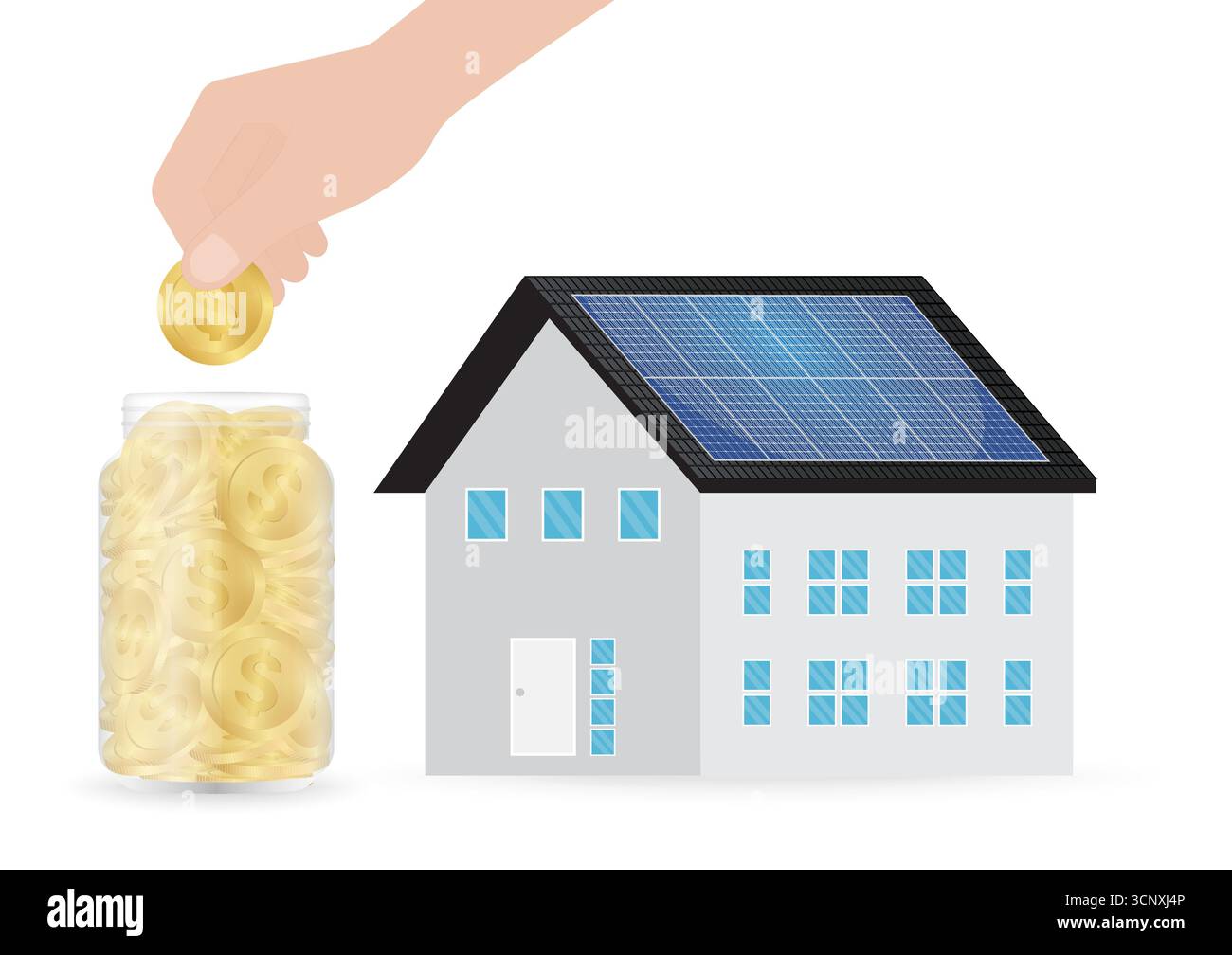 Risparmio di denaro ed energia con il pannello solare sul tetto della casa. Energia solare e fonti di energia rinnovabile. Energia pulita e verde. Illustrazione vettoriale. Illustrazione Vettoriale