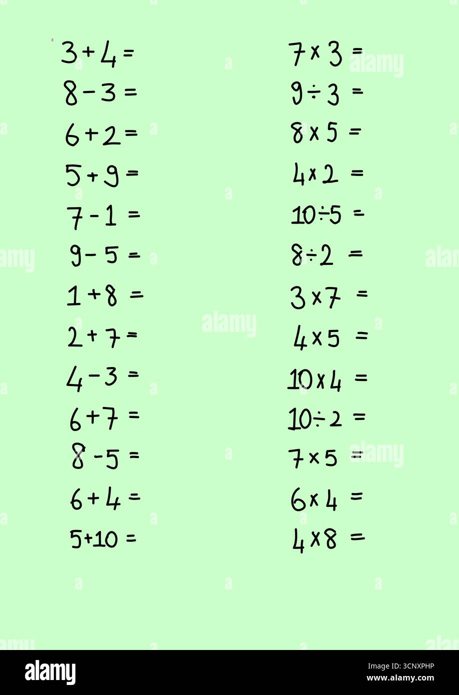 Semplice foglio di lavoro matematico con problemi di addizione, sottrazione, moltiplicazione e divisione su sfondo verde chiaro. Attività didattica di matematica Illustrazione Vettoriale