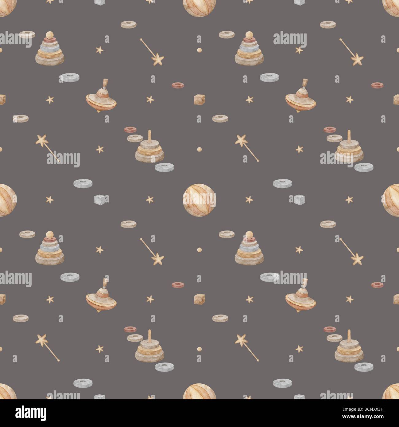 Giocattoli in legno con motivo ad acquerello, piano girevole, piramide, stelle. Illustrazione disegnata a mano in stile vintage infantile. Stampa senza cuciture su grigio scuro Foto Stock