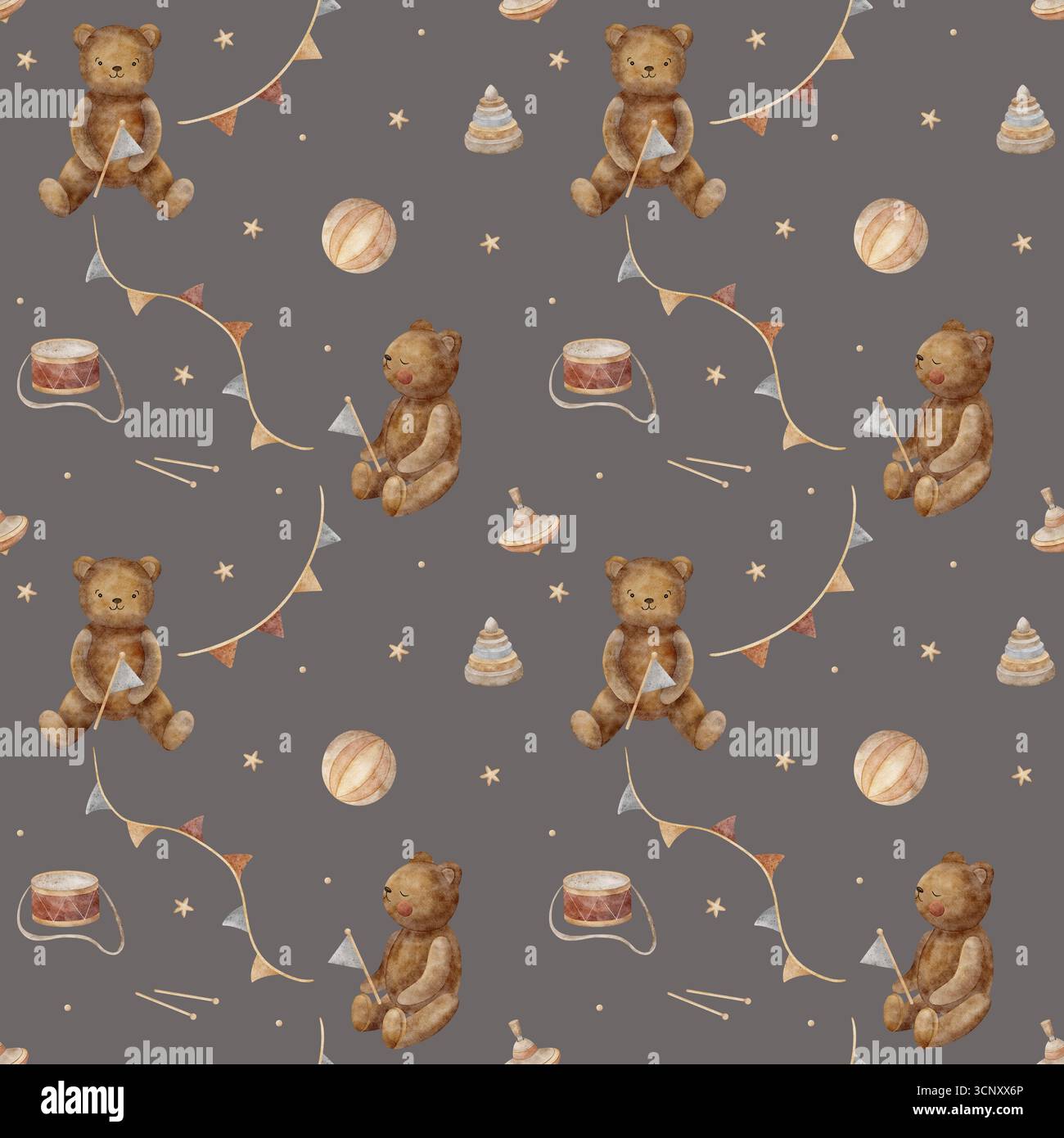 Fantasia di orsi acquerelli, orsacchiotto, ghirlande, giocattoli retrò, piramide, tamburo. Illustrazione disegnata a mano in stile vintage infantile. Stampa uniforme su scuro Foto Stock