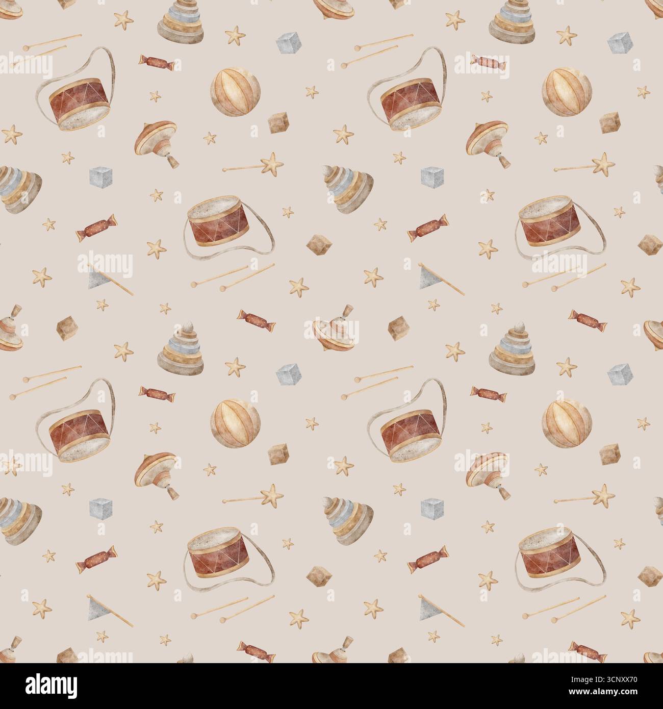 Giocattoli vintage con motivo ad acquerello, piano girevole, piramide, tamburo, caramelle, bandiera, palla, cubi, stelle. Illustrazione disegnata a mano in stile retrò infantile Foto Stock