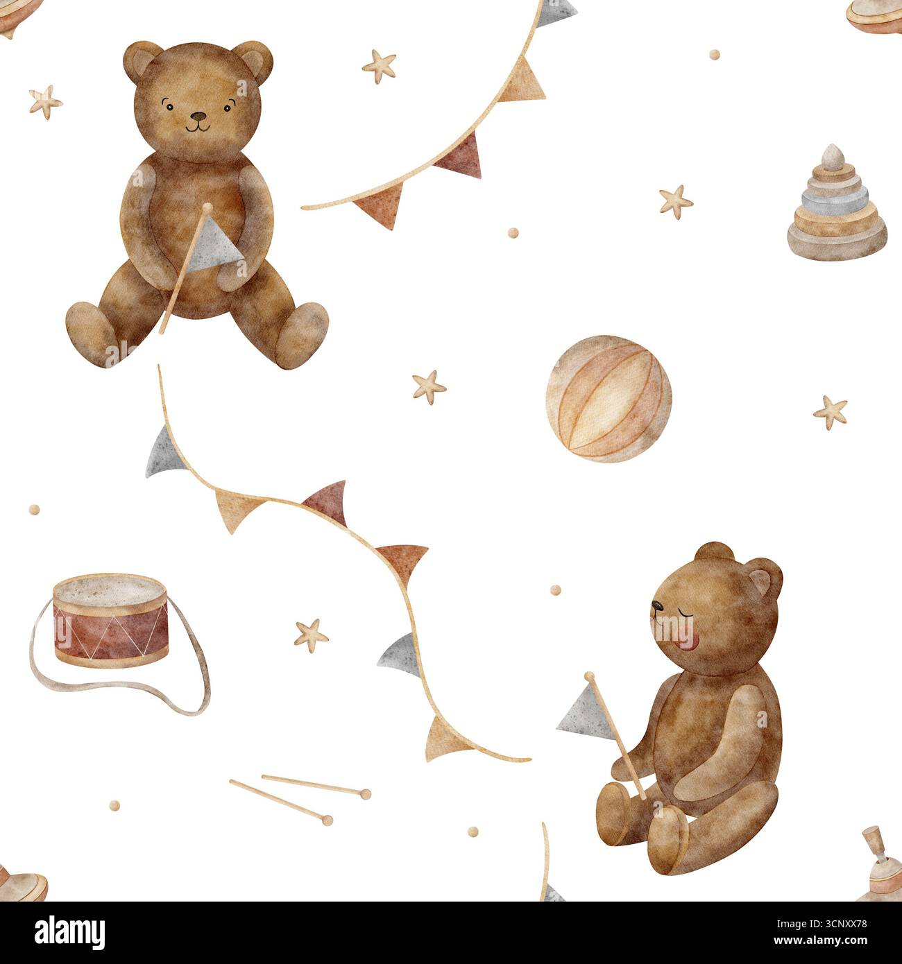 Fantasia di orsi acquerelli, orsacchiotto, ghirlande, giocattoli retrò, piramide, tamburo. Illustrazione disegnata a mano in stile vintage infantile. Stampa senza interruzioni isolata Foto Stock