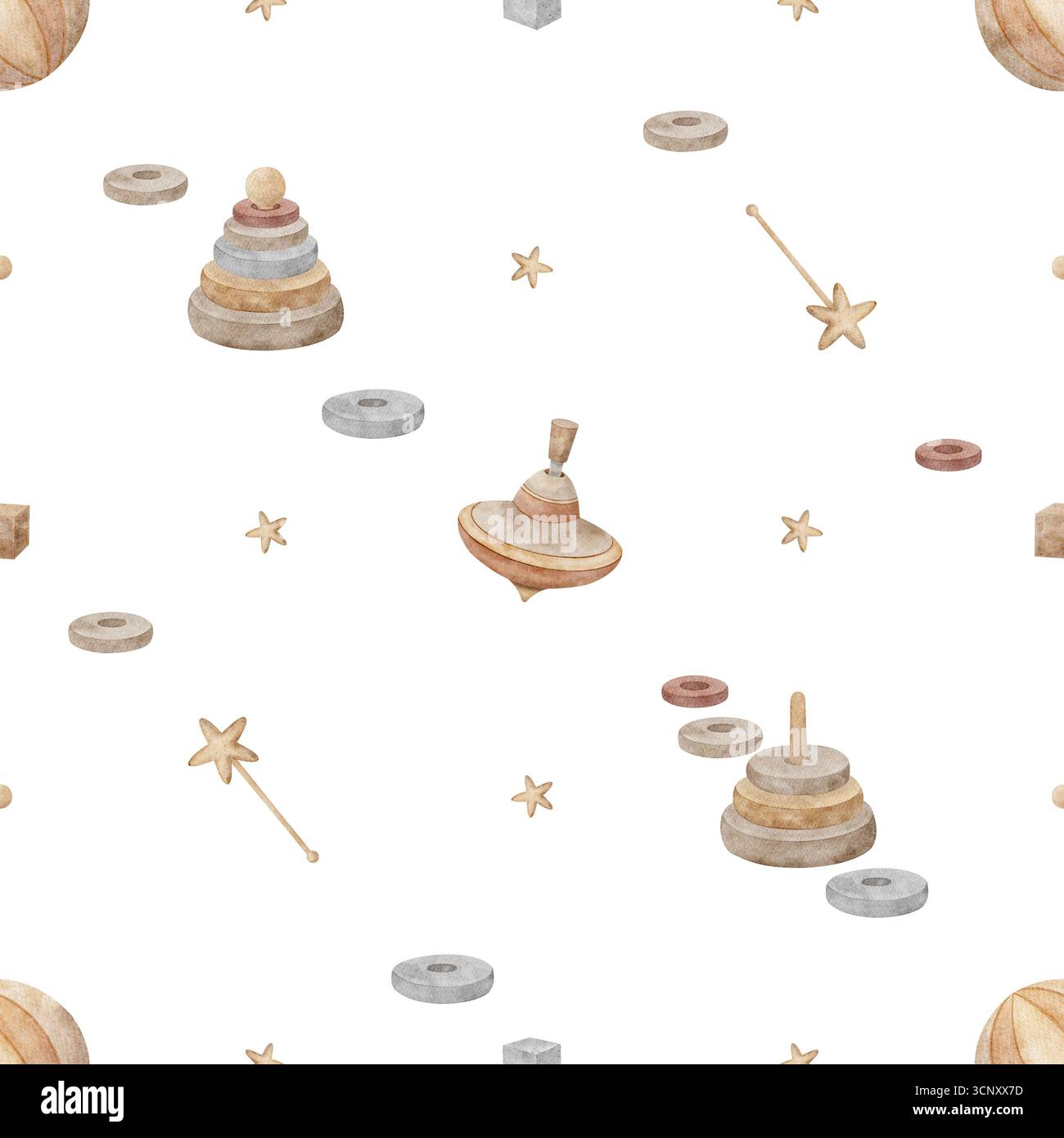 Giocattoli in legno con motivo ad acquerello, piano girevole, piramide, stelle. Illustrazione disegnata a mano in stile vintage infantile. Stampa senza interruzioni isolata sullo sfondo Foto Stock