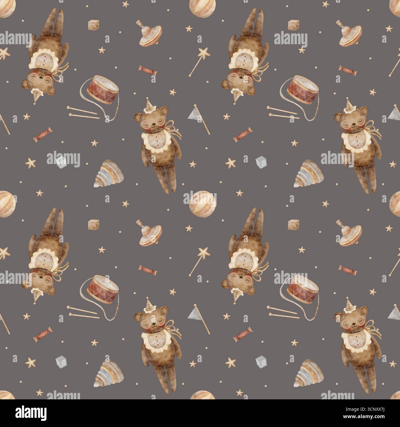 Fantasia di orsi d'epoca, orsi di peluche, giocattoli, top rotante, piramide, tamburo, palla, cubi, stelle. Illustrazione disegnata a mano in stile infantile Foto Stock