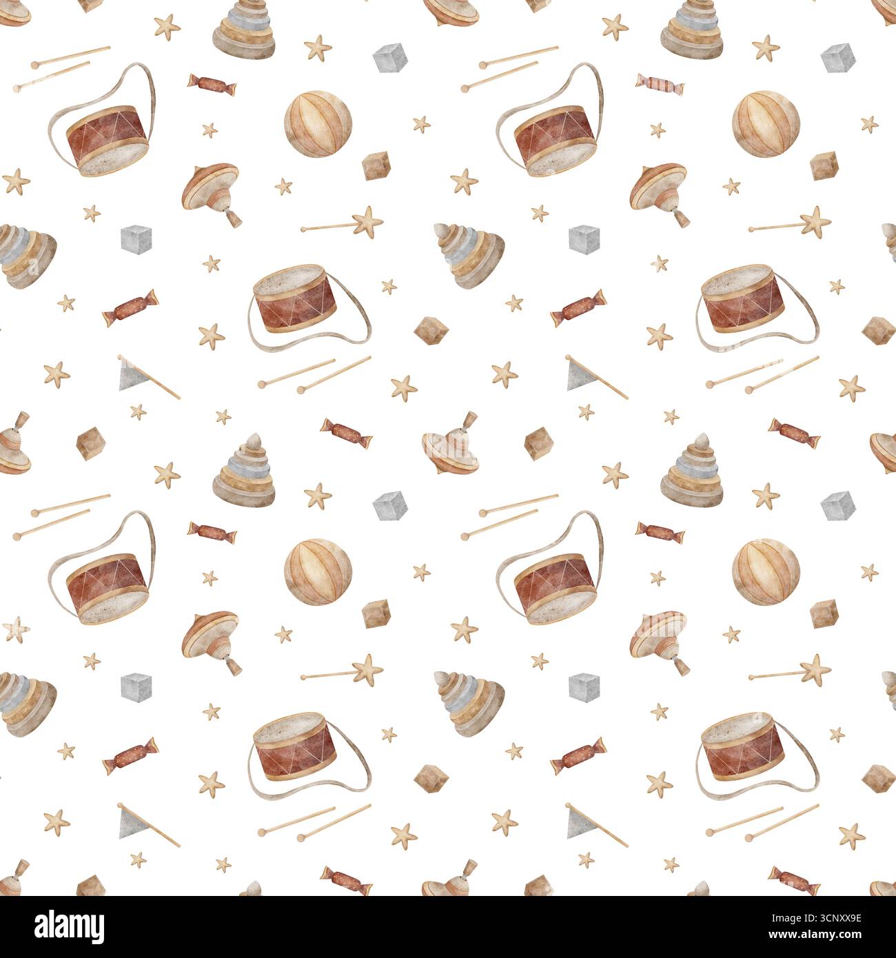 Giocattoli vintage con motivo ad acquerello, piano girevole, piramide, tamburo, caramelle, bandiera, palla, cubi, stelle. Illustrazione disegnata a mano in stile retrò infantile Foto Stock