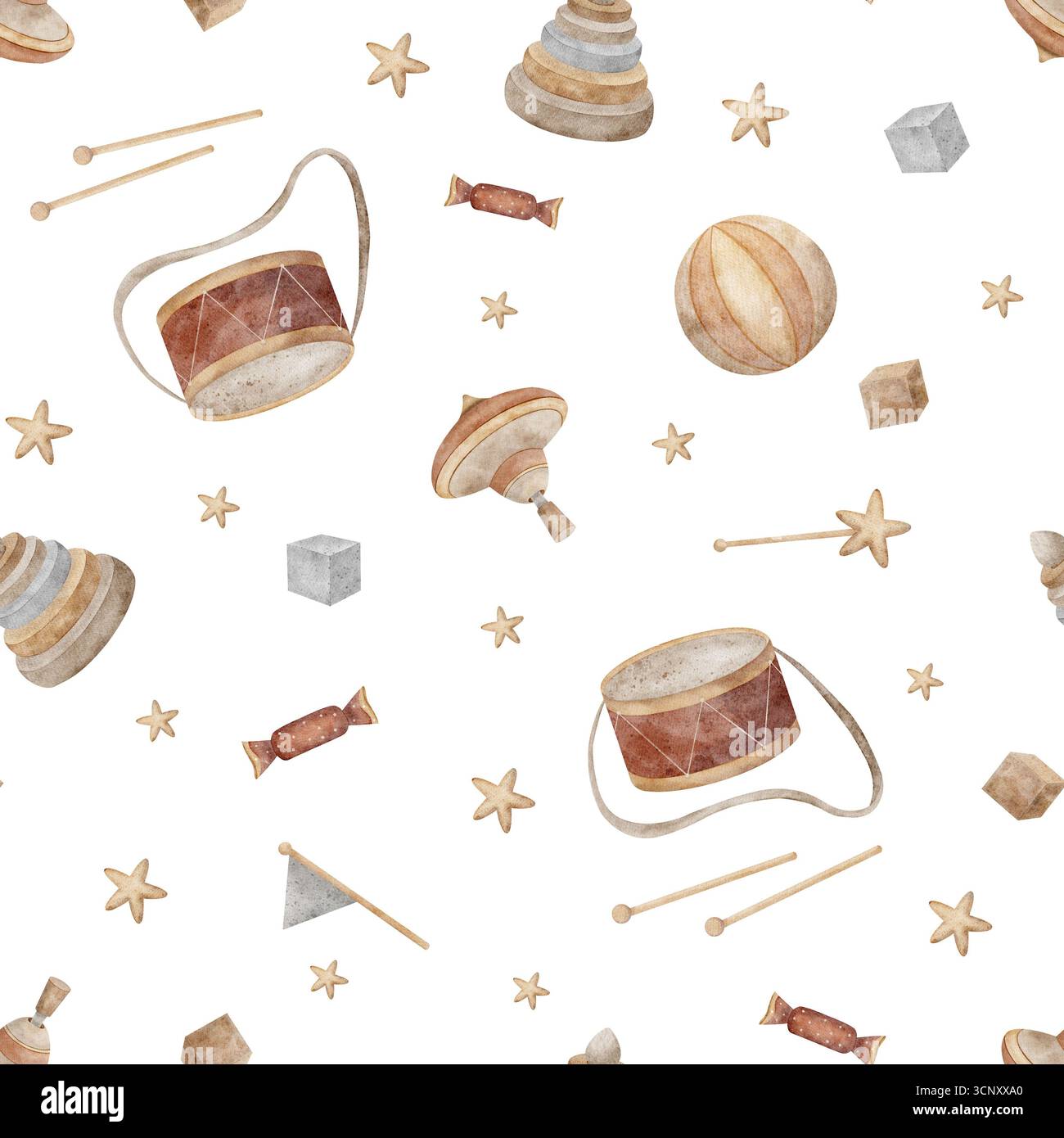 Giocattoli vintage con motivo ad acquerello, piano girevole, piramide, tamburo, caramelle, bandiera, palla, cubi, stelle. Illustrazione disegnata a mano in stile retrò infantile Foto Stock