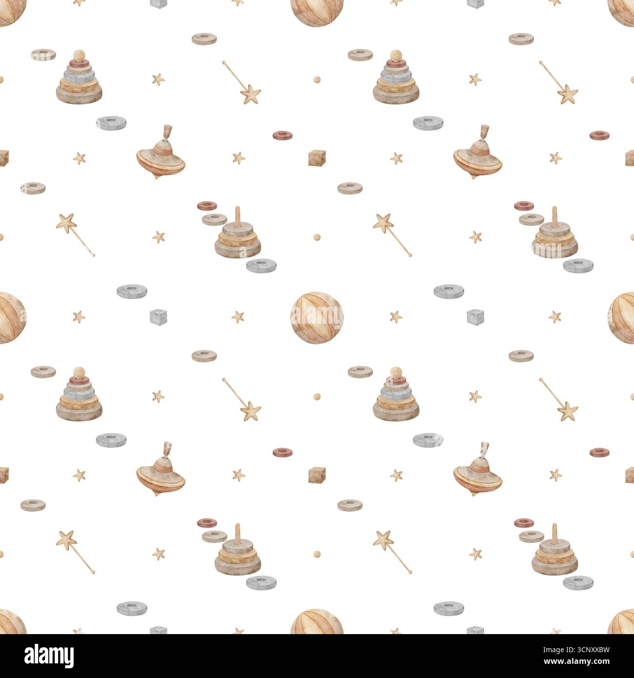 Giocattoli in legno con motivo ad acquerello, piano girevole, piramide, stelle. Illustrazione disegnata a mano in stile vintage infantile. Stampa senza interruzioni isolata sullo sfondo Foto Stock