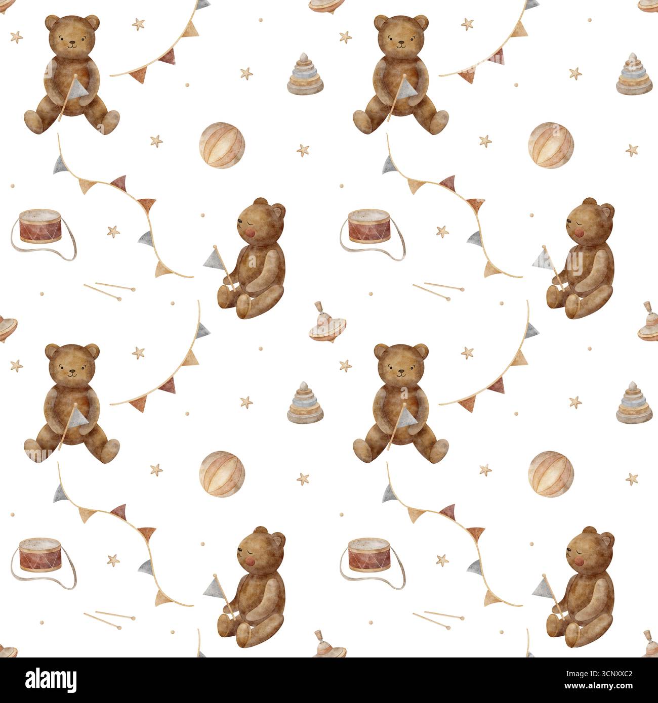 Fantasia di orsi acquerelli, orsacchiotto, ghirlande, giocattoli retrò, piramide, tamburo. Illustrazione disegnata a mano in stile vintage infantile. Stampa senza interruzioni isolata Foto Stock