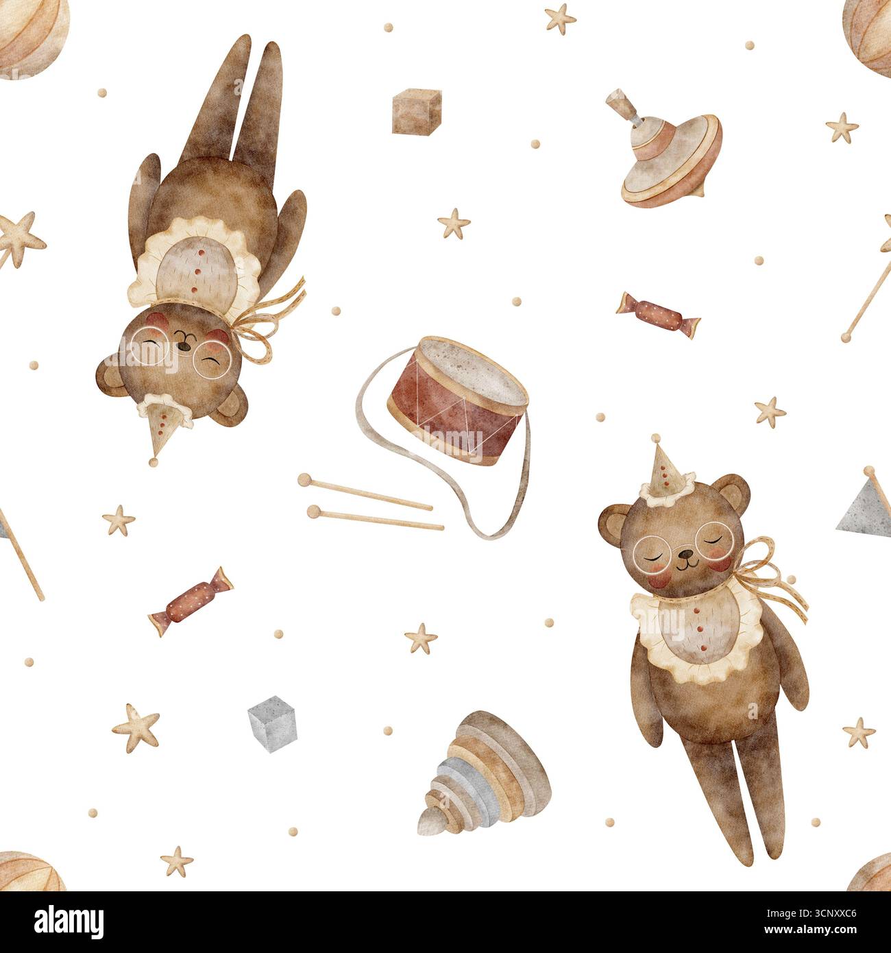 Fantasia di orsi d'epoca, orsi di peluche, giocattoli, top rotante, piramide, tamburo, palla, cubi, stelle. Illustrazione disegnata a mano in stile infantile Foto Stock