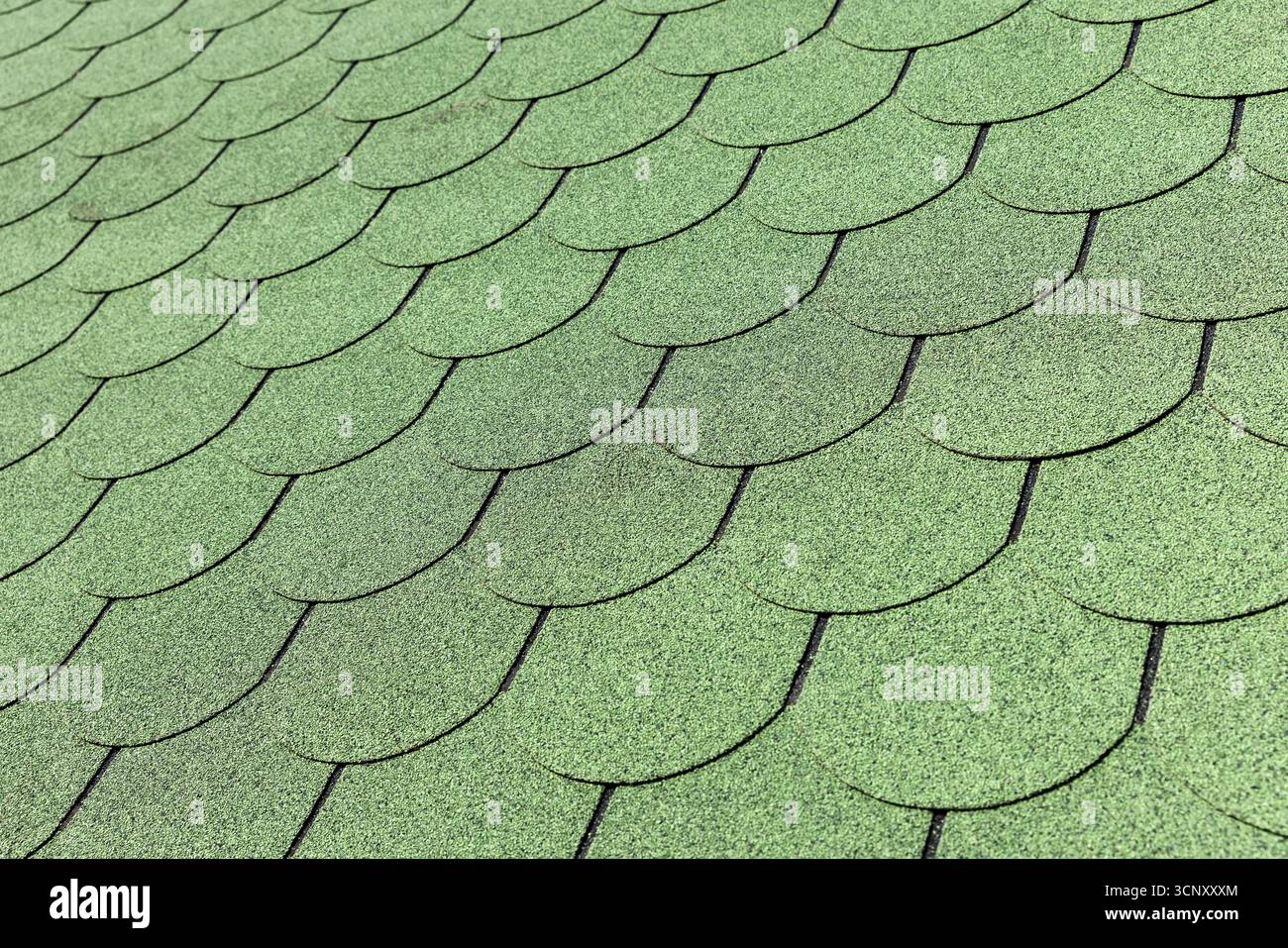 Un dettaglio ravvicinato di tegole verdi disposte in file curve sovrapposte. La superficie ruvida e la luce soffusa accentuano il pattern, la ripetizione Foto Stock
