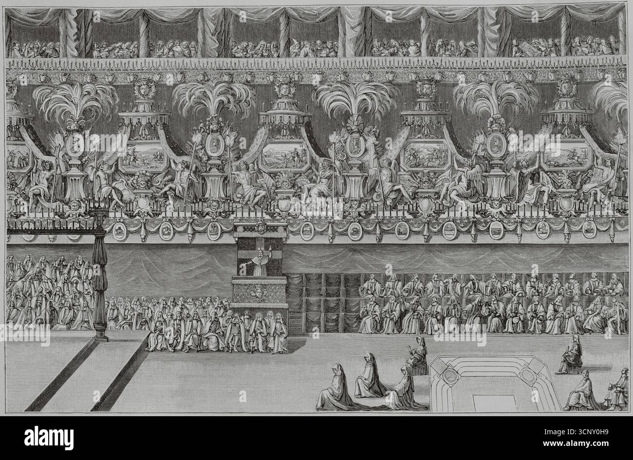 Francia. Funerale in memoria di Luigi II di Borbone, principe di Condé (1621-1686), noto come le Grand Condé. Si è giocato a Notre-Dame il 10 marzo 1687. Bossuet che predica il sermone funebre per Louis de Bourbon. Disegno di Jean Bérain (1640-1711), inciso da Jean Dolivar (1641-1692). XVI siècle: lettres, Sciences et Arts, France 1590-1700 (XVII secolo: Lettere, scienze e arti), di Paul Lacroix. Pubblicato a Parigi da Librairie de Firmin-Didot et Cie, 1882. Foto Stock