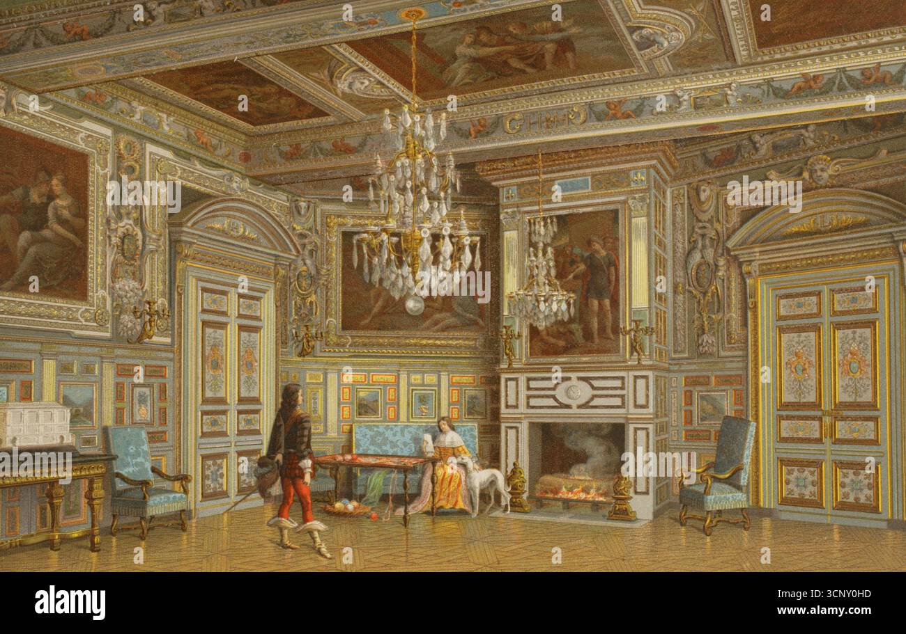 Francia. Palazzo di Fontainebleau. Chambre ovale. Litografia di Nordmann. Cromolitografia. XVI siècle: lettres, Sciences et Arts, France 1590-1700 (XVII secolo: Lettere, scienze e arti), di Paul Lacroix. Pubblicato a Parigi da Librairie de Firmin-Didot et Cie, 1882. Foto Stock