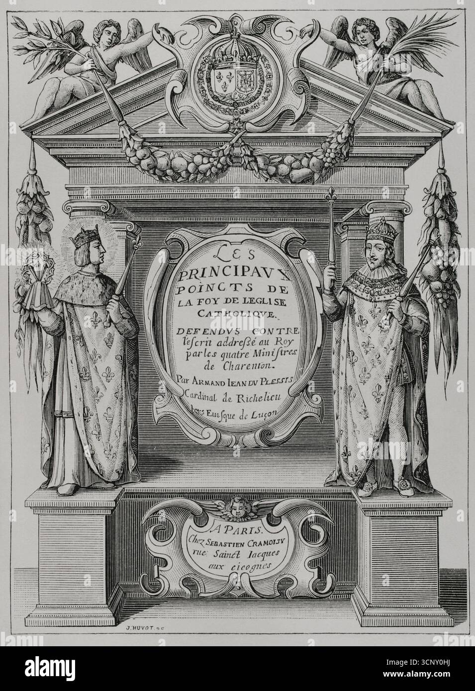 "Les Principaux Poincts de la Foi de l'Église catholique. Défendus contre l'écrit adressé au ROI par les quatre ministres de Charenton', byr Armand Jean du Plessis (1585-1642), Cardinale Richelieu. Incisione di Huyot basata sull'illustrazione del frontespizio dell'opera, incisa da J. Picart. Pubblicato a Parigi, chez Sébastien Cramoisy, 1629. XVI siècle: lettres, Sciences et Arts, France 1590-1700 (XVII secolo: Lettere, scienze e arti), di Paul Lacroix. Pubblicato a Parigi da Librairie de Firmin-Didot et Cie, 1882. Foto Stock