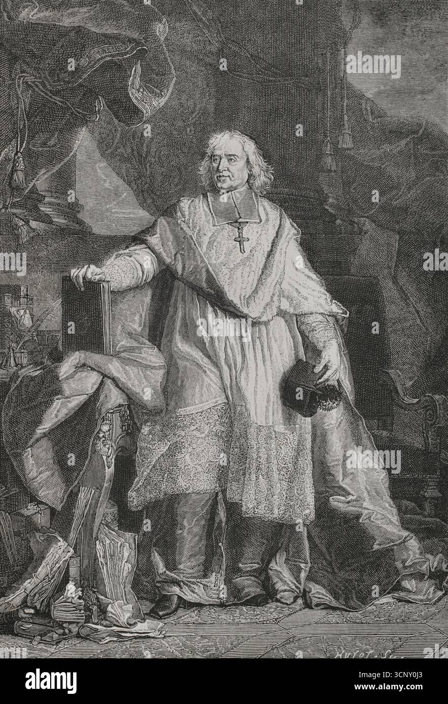 Jacques-Bénigne Bossuet (1627-1704). Sacerdote francese, vescovo, predicatore e scrittore. Difendeva l'assolutismo politico e il diritto divino dei re. Bossuet predicava regolarmente davanti alla corte di Luigi XIV a Versailles. Fu nominato tutore del Delfino, Luigi (1661-1711), nel 1670 ed eletto membro dell'Académie Francase nel 1671. Nel 1681 fu nominato vescovo di Meaux, carica che mantenne fino alla sua morte. Ritratto di Jacques-Bénigne Bossuet, Vescovo di Meaux, 1723. Incisione di Huyot dopo il ritratto di Hyacinthe Rigaud (1659-1743), incisa da Pierre-Imbert Drevet (1697-1739 Foto Stock