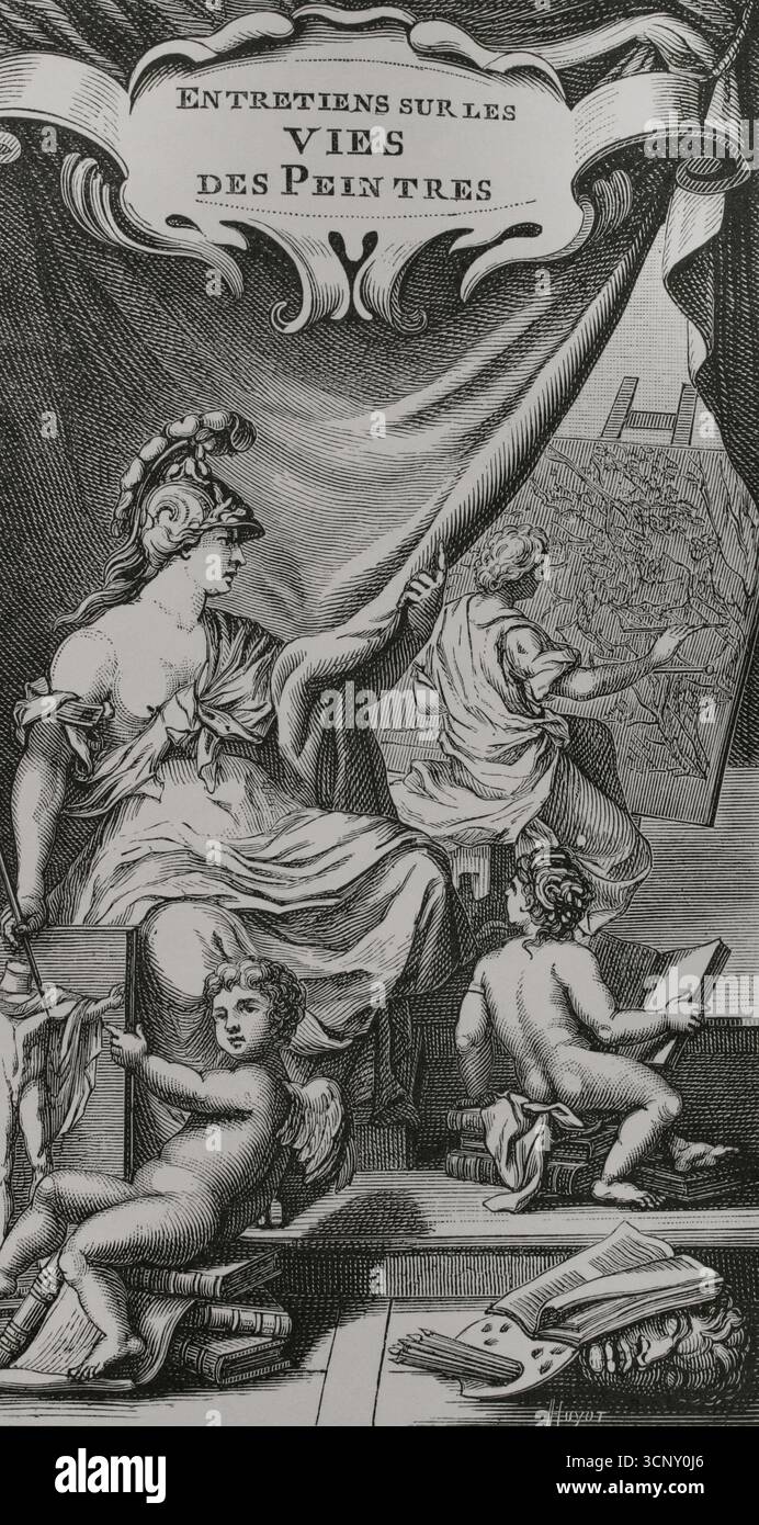"Entretiens sur les vies et sur les ouvrages des Plus excellens peintres anciens et modernes" (conversazioni sulla vita e sulle opere dei più eccellenti pittori antichi e moderni), dell'architetto francese André Félibien (1619-1695). L'opera fu pubblicata in diversi volumi tra il 1666 e il 1688. Incisione di Huyot basata su un frontespizio. Edizione del 1725. Trévoux, Imprimerie de S.A.S. XVIIme siècle: lettres, Sciences et Arts, France 1590-1700 (XVII secolo: Lettere, scienze e arti), di Paul Lacroix. Pubblicato a Parigi da Librairie de Firmin-Didot et Cie, 1882. Foto Stock