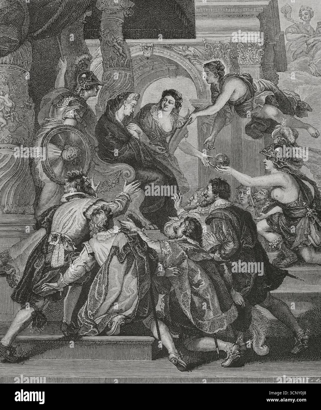 "Il proclama della Reggenza". Incisione di Huyot basata su un dettaglio di uno dei dipinti di Peter Paul Rubens (1577-1640) del ciclo di Maria de' Medici, prodotto tra il 1600 e il 1625. Dopo l'assassinio di Enrico IV il 14 maggio 1610, la regina consorte Maria de' Medici (1575-1642) assunse la reggenza di Francia. La scena raffigura la regina vestita in lutto, seduta sul trono e presa il potere mentre riceve un globo fiammingo come emblema. Minerva (saggezza) e Prudence la consigliano. La Provvidenza divina le offre il timone, come simbolo di autorità. I nobili del regno giurano allegia Foto Stock