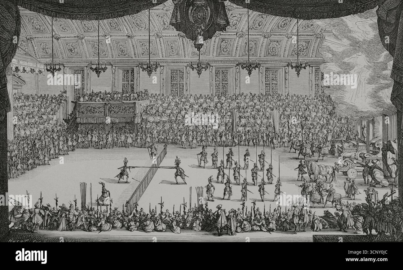 Francia. Le Combat a la Barrière (Combat at the Barrier). Hall dove il Gran Torneo si tenne al Palazzo Ducale di Nancy il 14 febbraio 1627. Le celebrazioni si tennero in onore della duchessa di Chevreuse. La storia dell'evento fu pubblicata da Henry Humbert, illustrato con una serie di incisioni dell'artista francese Jacques Callot (1592-1635). Incisione di Huyot basata su uno di loro. XVI siècle: lettres, Sciences et Arts, France 1590-1700 (XVII secolo: Lettere, scienze e arti), di Paul Lacroix. Pubblicato a Parigi da Librairie de Firmin-Didot et Cie, 1882. Foto Stock