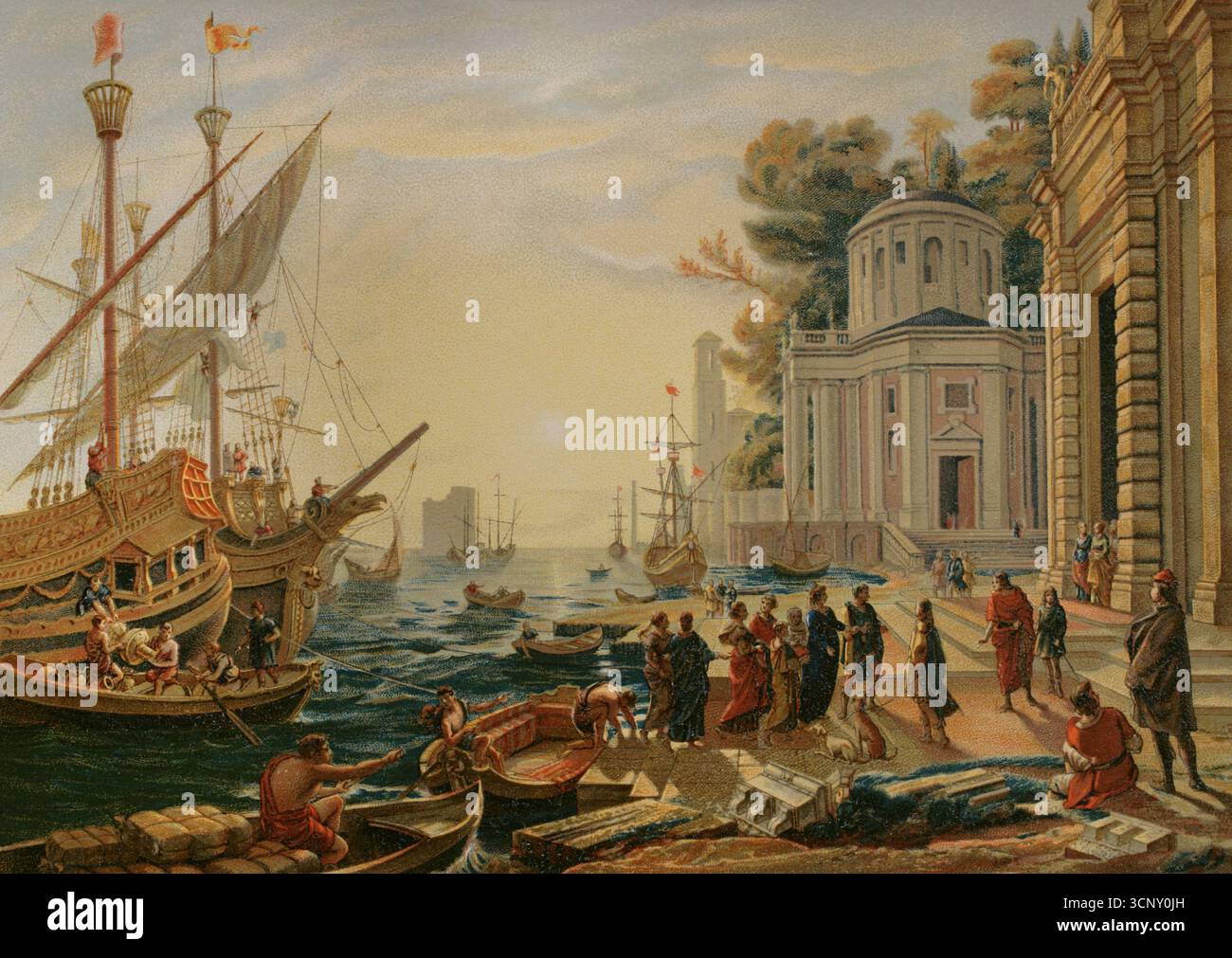 Sbarco di Cleopatra a Tarso. Nel 41 a.C., Marco Antonio (83 a.C.-30 a.C.) convocò Cleopatra, regina d'Egitto, nella città Cilicia di Tarso per negoziare un'alleanza politica e militare, che in seguito portò ad un'unione personale. Litografia di Urrabieta basata su un dipinto del pittore francese Claude Lorrain (Claude Gellée) (c. 1600-1682), 1642-1643. Cromolitografia. XVI siècle: lettres, Sciences et Arts, France 1590-1700 (XVII secolo: Lettere, scienze e arti), di Paul Lacroix. Pubblicato a Parigi da Librairie de Firmin-Didot et Cie, 1882. Foto Stock