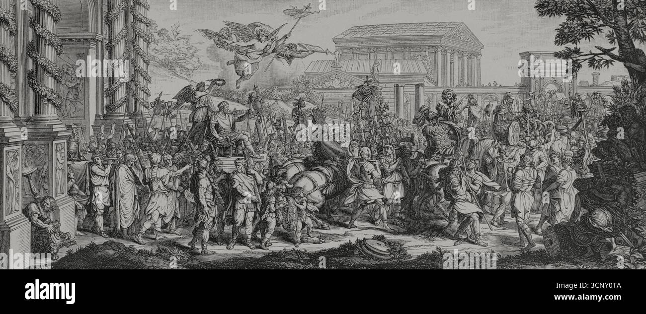 Il trionfo di Costantino su Massenzio. Ebbe luogo nella battaglia del Ponte Milvio, uno dei ponti sul Tevere a Roma, il 28 ottobre 312. Costantino i il grande (272-337) ingaggiò e sconfisse l'esercito di Massenzio (276-312). Incisione di Huyot dopo un'illustrazione di Charles le Brun (1619-1690), incisa da Gérard Audran (1640-1703) nel 1666. XVI siècle: lettres, Sciences et Arts, France 1590-1700 (XVII secolo: Lettere, scienze e arti), di Paul Lacroix. Pubblicato a Parigi da Librairie de Firmin-Didot et Cie, 1882. Foto Stock