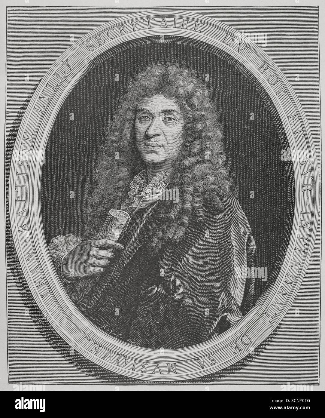 Jean-Baptiste Lully (1632-1687). Compositore e violinista francese nato in Italia, attivo in Francia durante il regno di Luigi XIV naturalizzò il francese nel 1661, fu nominato sovrintendente di musica reale nello stesso anno e, il successivo, maestro di musica della famiglia reale. Verticale. Incisione di Huyot su Paul Mignard (1641-1691) e Jean Louis Roullet (1645-1699). XVI siècle: lettres, Sciences et Arts, France 1590-1700 (XVII secolo: Lettere, scienze e arti), di Paul Lacroix. Pubblicato a Parigi da Librairie de Firmin-Didot et Cie, 1882. Foto Stock