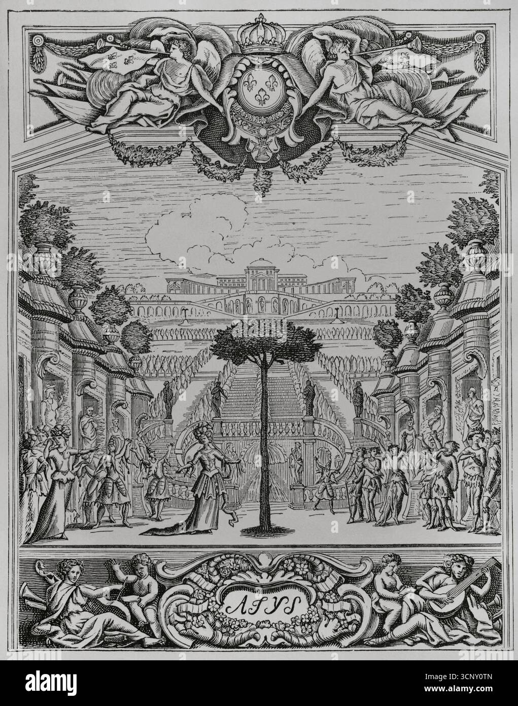 ATyS (Attis). Tragedia musicale in un prologo e cinque atti. Musica del compositore francese Jean-Baptiste Lully (1632-1687), su libretto di Philippe Quinault (1635-1688) nel 1676. Illustrazione del frontespizio del gioco. Disegno di Francois Chauveau (1613-1676), inciso da Jacques Lalouette. Pubblicato a Parigi, chez Christophe Ballard, 1676. XVI siècle: lettres, Sciences et Arts, France 1590-1700 (XVII secolo: Lettere, scienze e arti), di Paul Lacroix. Pubblicato a Parigi da Librairie de Firmin-Didot et Cie, 1882. Foto Stock