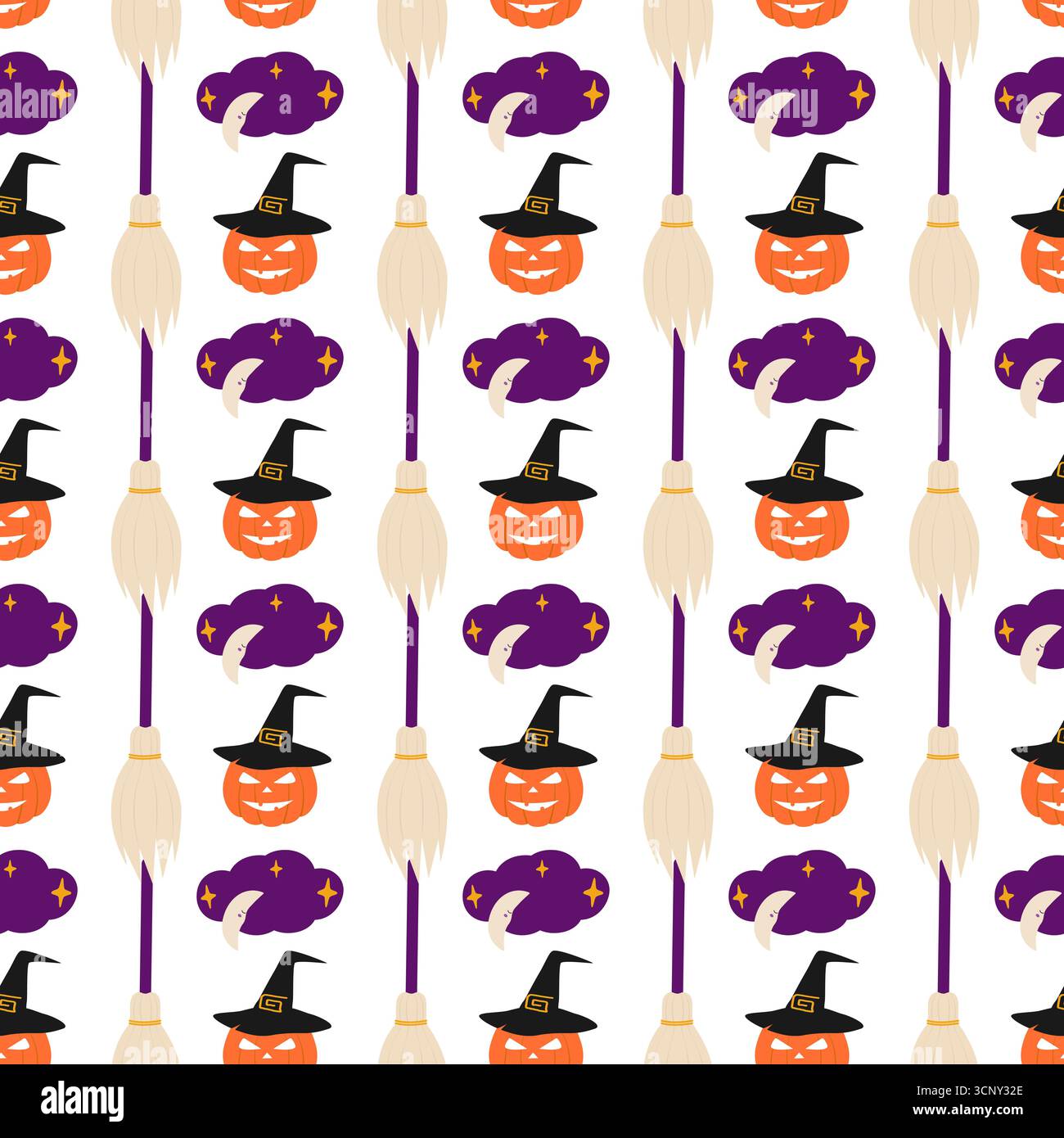 Scopa Crescent on Clouds with Stars e zucca di Halloween in Witch Hat seamless Pattern Halloween. Illustrazione vettoriale isolata saluti Halloween carta tematica invito, banner, opuscolo, tag Illustrazione Vettoriale