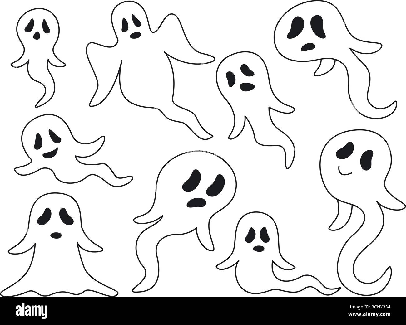 Fantasmi di Halloween in stile doodle sketch. Set di fantasmi con emozioni e pose diverse. Anime, illustrazione vettoriale disegnata a mano Illustrazione Vettoriale