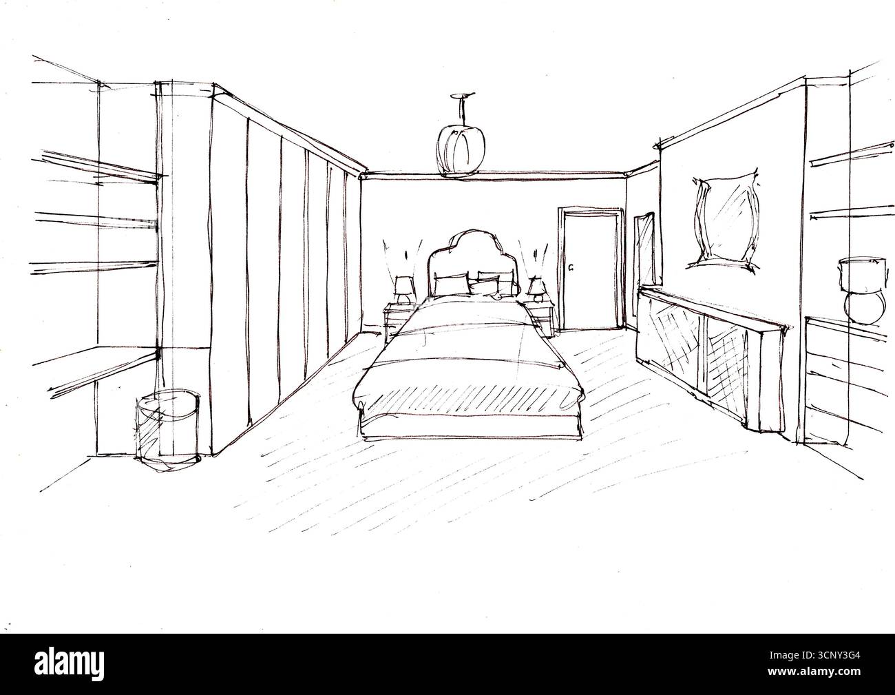 Disegno a mano in bianco e nero di una camera da letto moderna. Foto Stock