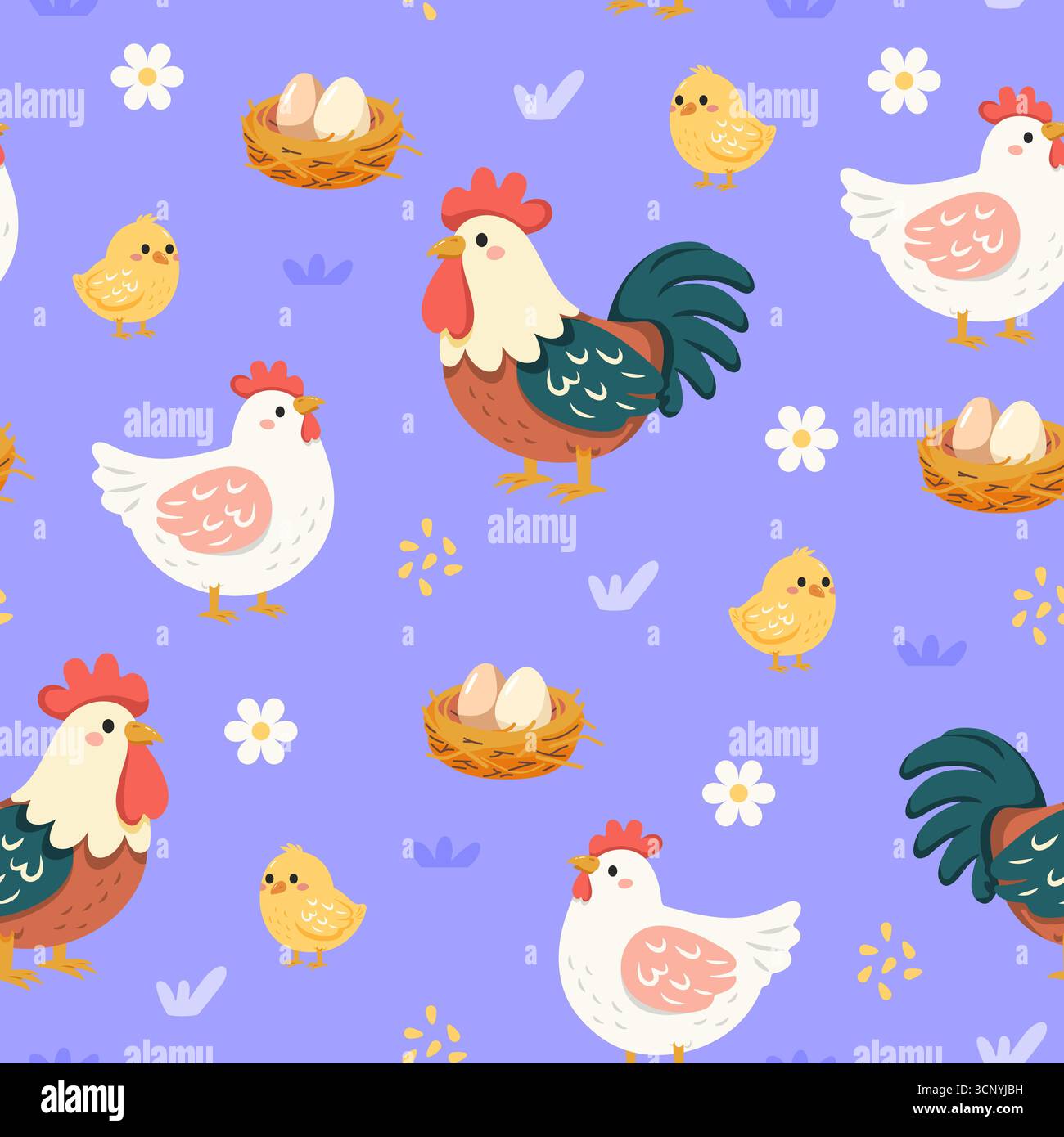 Illustrazione del vettore dello schema della famiglia di polli. Adorabile ripetizione con galli, galline, pulcini, nidi con uova e fiori. Perfetto per chi Illustrazione Vettoriale