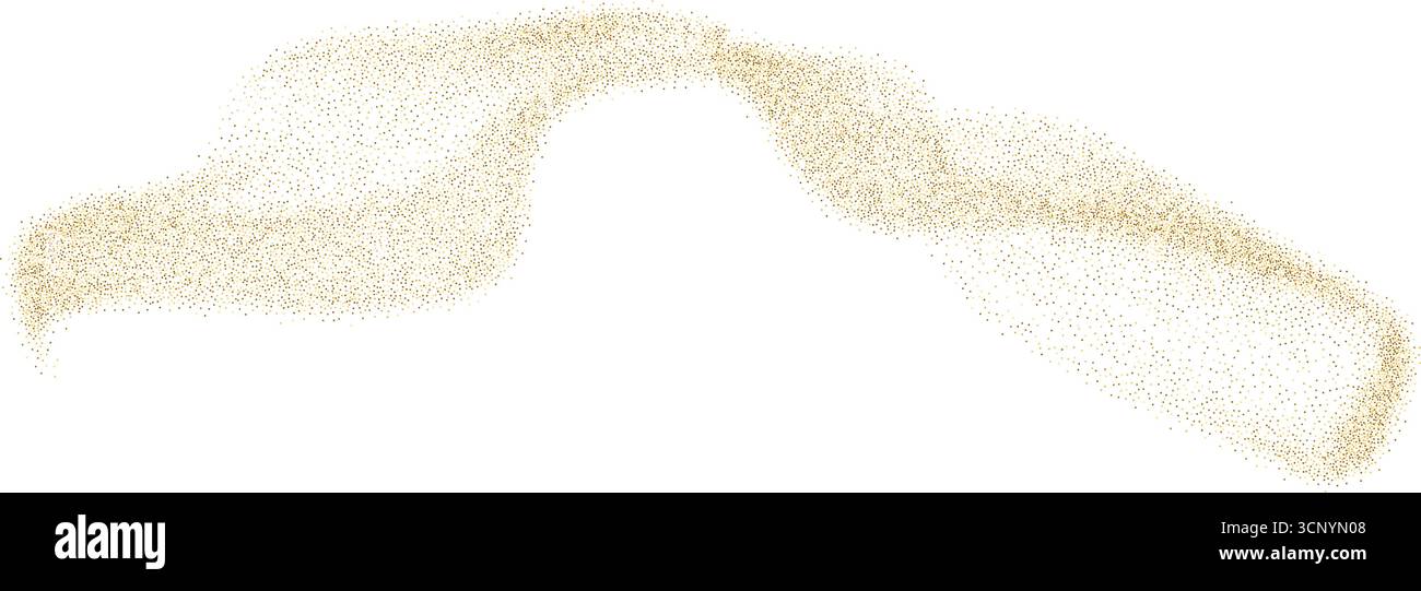 Coriandoli granulometria oro brillante per le feste. Esplosione di glitter volante in oro, polvere dorata, particelle di scintille o scintille. Strisce di polvere liquida Illustrazione Vettoriale