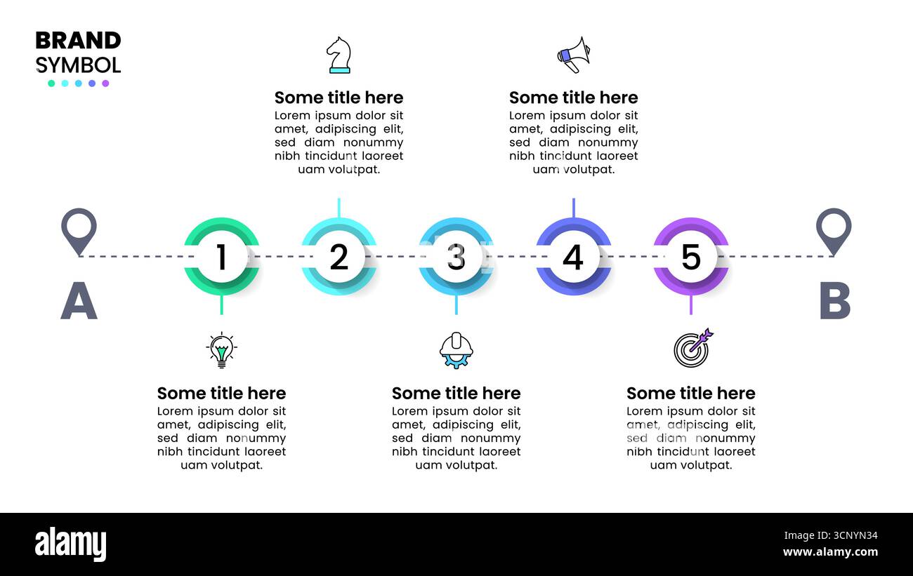 Modello infografico con icone e 5 opzioni o passaggi. Linea orizzontale. Può essere utilizzato per layout del flusso di lavoro, diagrammi, banner, webdesign. Illustrazione vettoriale Illustrazione Vettoriale