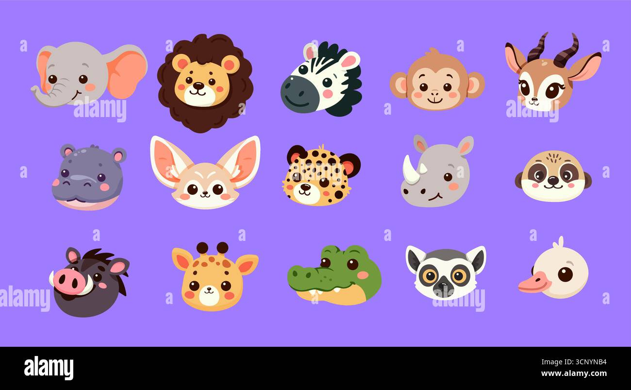 Carino Safari facce animali Vector Set icone cartone animato Illustrazione Vettoriale
