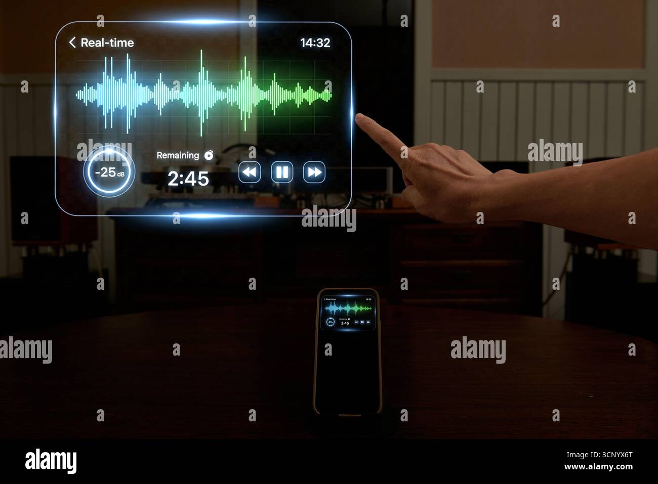 Primo piano di un dito che interagisce con un'interfaccia a onda sonora olografica. Un concetto per comandi vocali, assistenti ai, editing audio, podcasting e m Foto Stock
