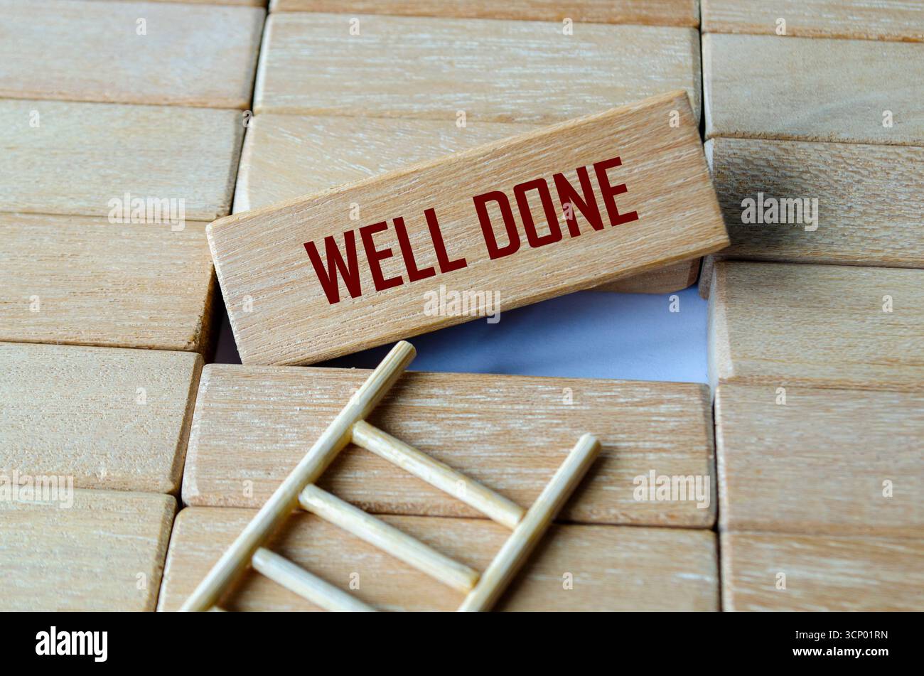 Ottimo testo scritto su un unico blocco di legno che celebra i risultati e il riconoscimento Foto Stock