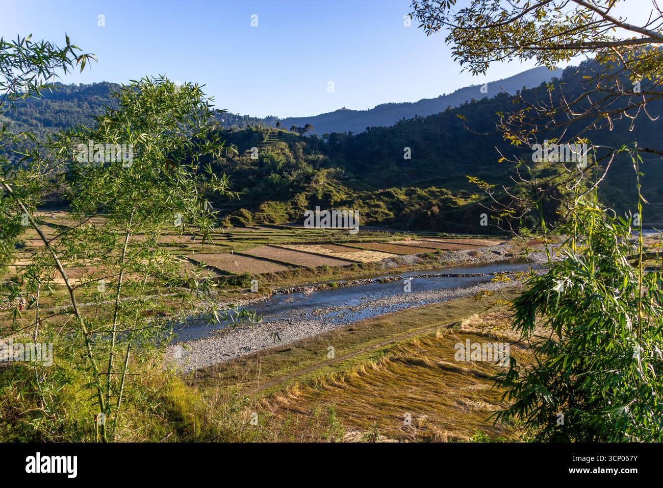 Nepali Mountain Valley River e terreni agricoli Foto Stock