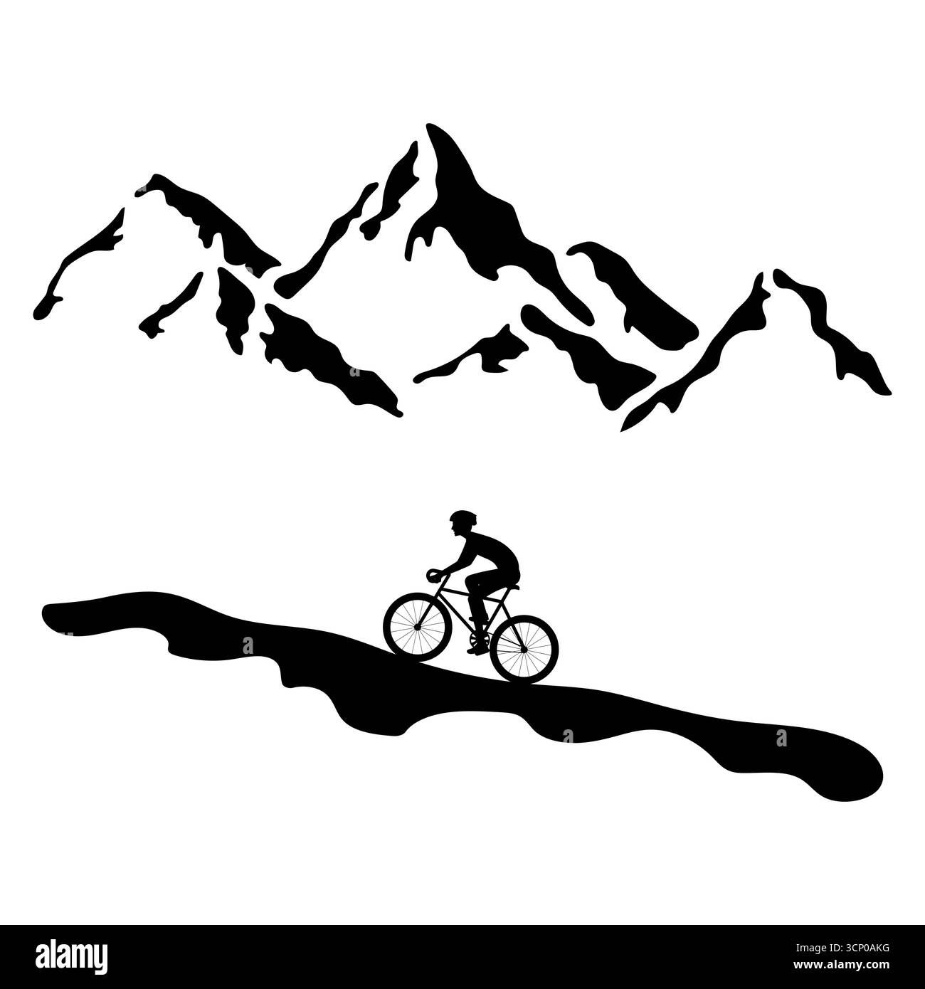 Profilo Mountain Bike con Scenic Peaks. Illustrazione vettoriale. Un ciclista in sella a una mountain bike in salita sullo sfondo di alte cime Illustrazione Vettoriale