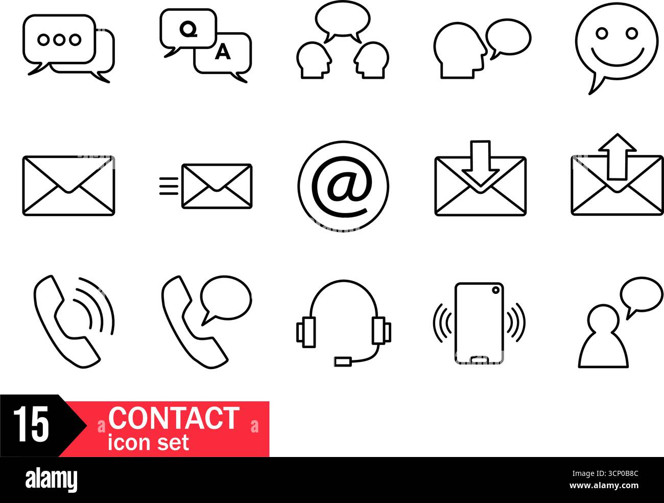 15 set di icone nere contattaci Illustrazione Vettoriale