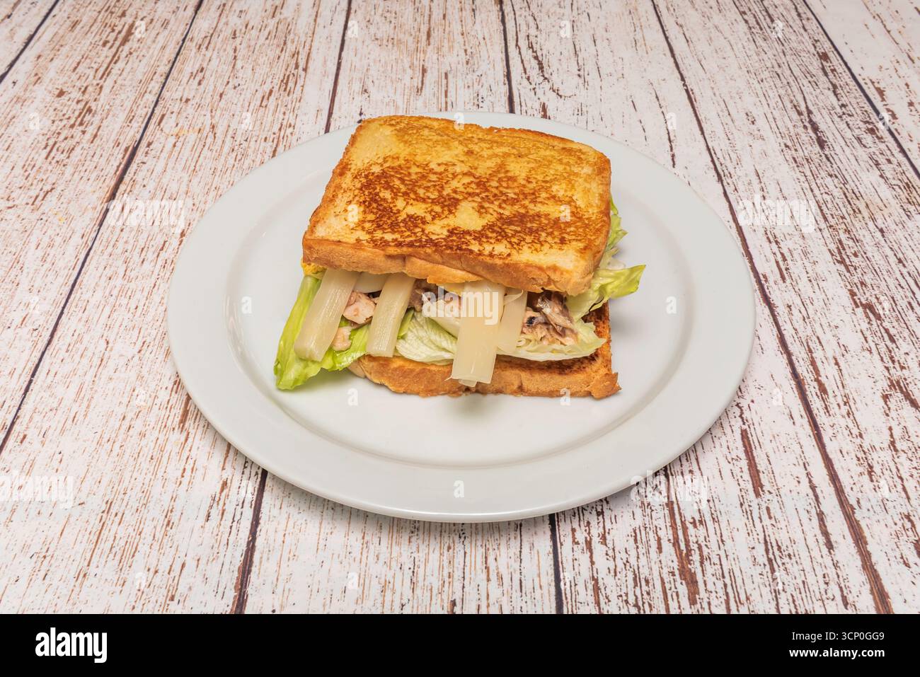 Sandwich di tonno: Tonno in scatola in olio d'oliva, maionese fatta in casa e sottaceti su pane integrale Foto Stock