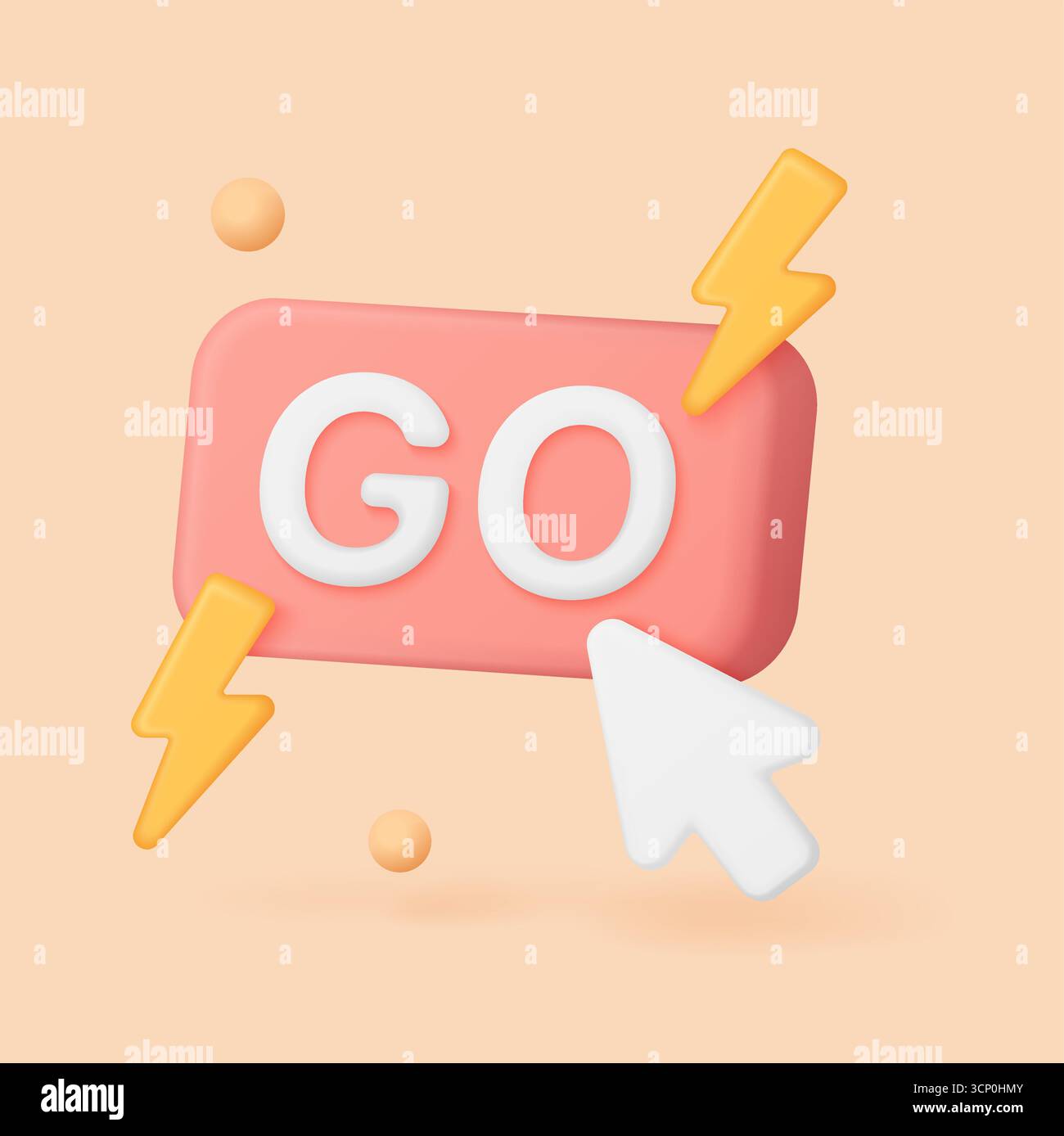 Pulsante Vai 3D con fulmini e cursore su sfondo pastello, perfetto per il marketing call-to-action del sito Web o l'illustrazione vettoriale dell'interfaccia dell'app Illustrazione Vettoriale