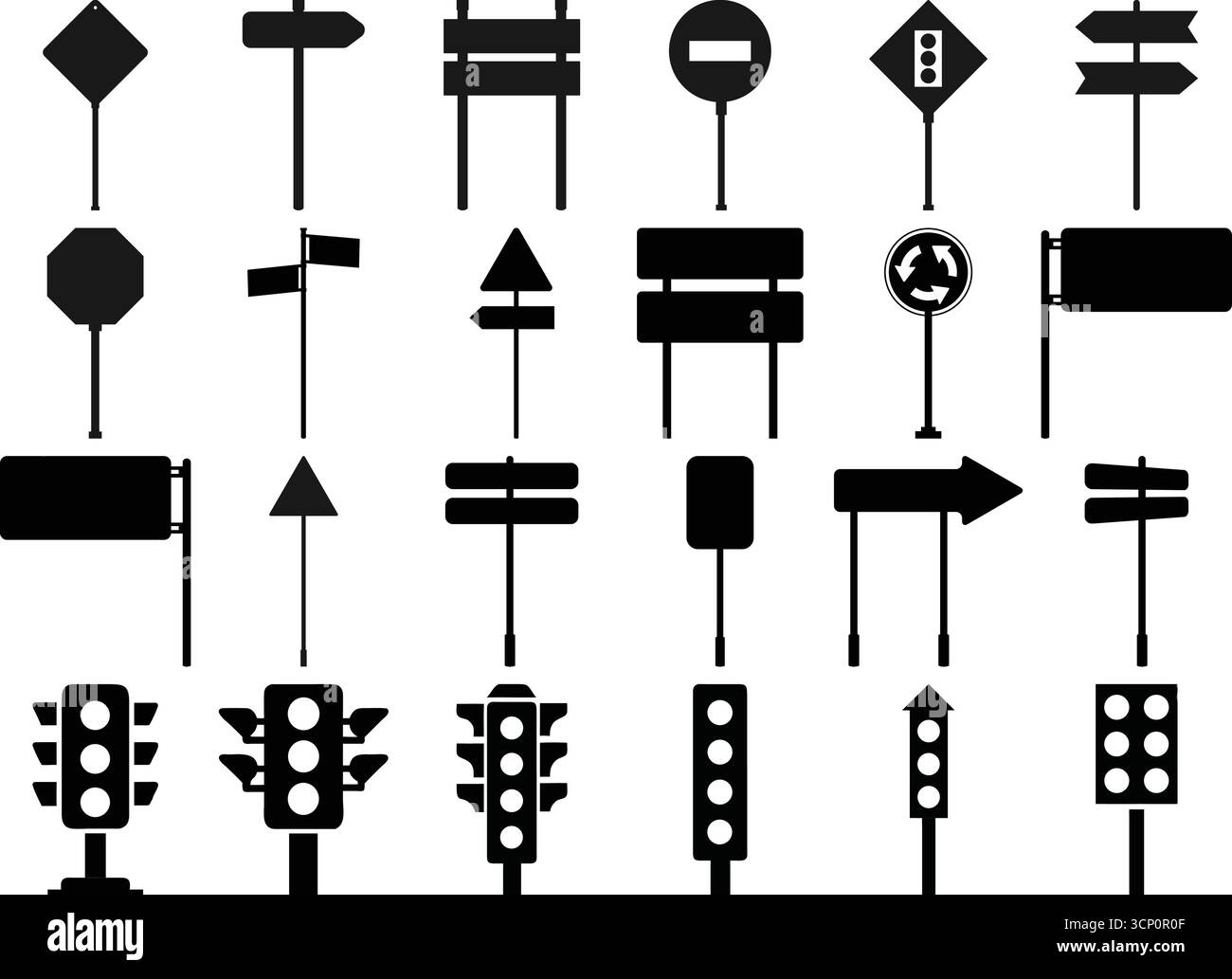 Raccolta di segnali stradali e simboli stradali per la sicurezza e la navigazione Illustrazione Vettoriale