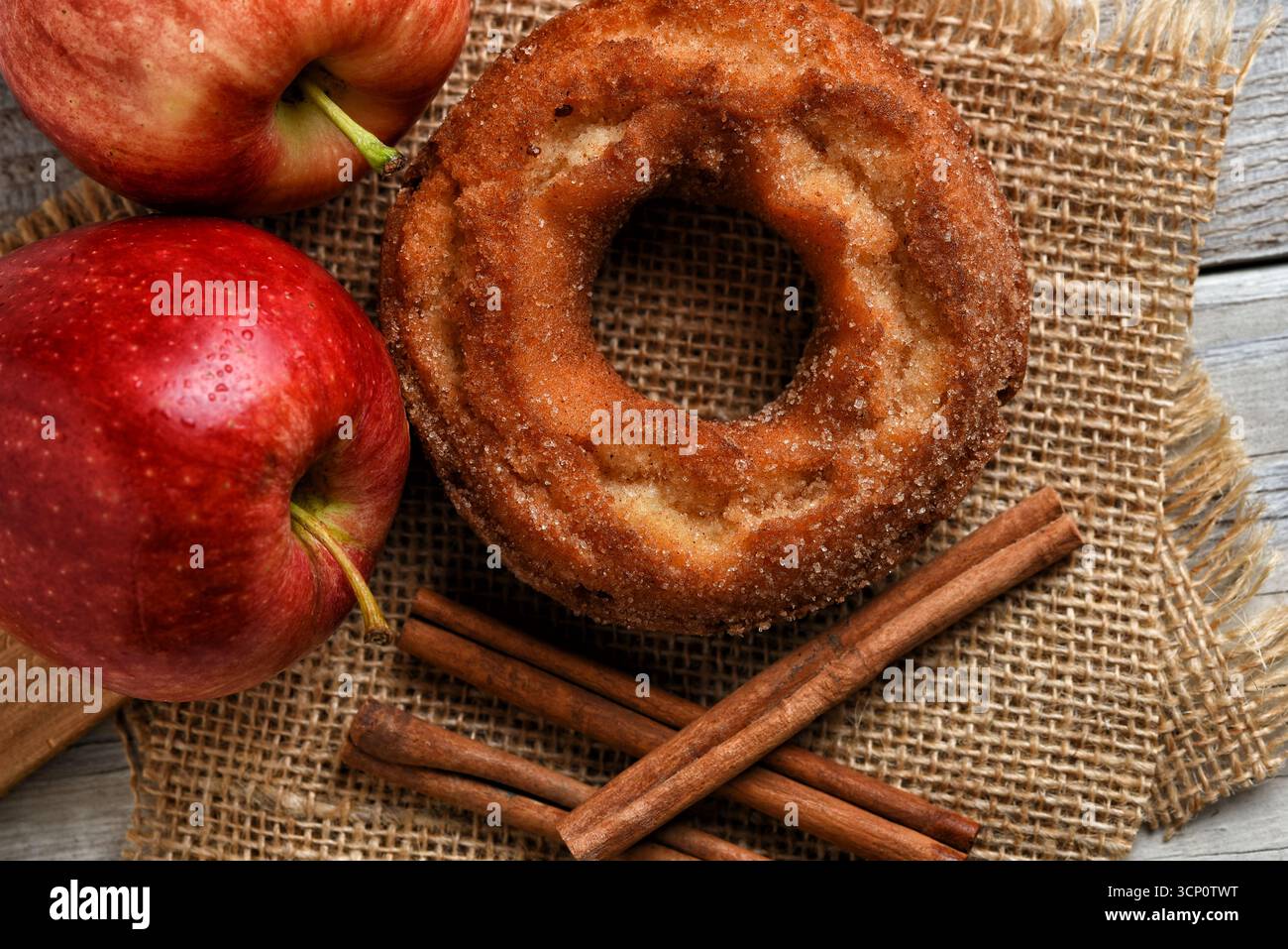 Ciambelle al sidro di mele. Ciambelle fresche su tovaglioli in burlap e un rustico tavolo da cucina bianco con mele di gala e bastoncini alla cannella. Foto Stock