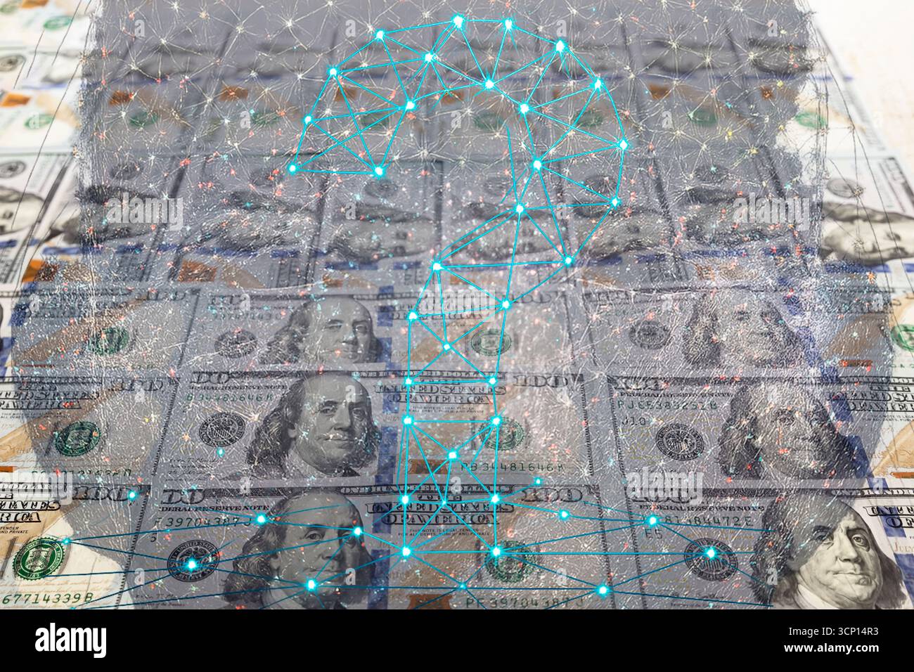 Punto interrogativo digitale astratto sulle banconote in dollari USA. Concetto di fintech, denaro, rischio di investimento, incertezza finanziaria ed economia digitale. Foto Stock