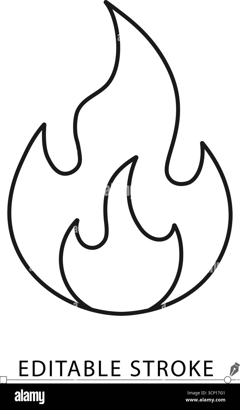 Un'icona di fiamma in stile minimalista con tratto modificabile. Simbolo fuoco di falò caldo, segnale fuoco di campo acceso, avviso pericolo infiammabile, energia termica Illustrazione Vettoriale