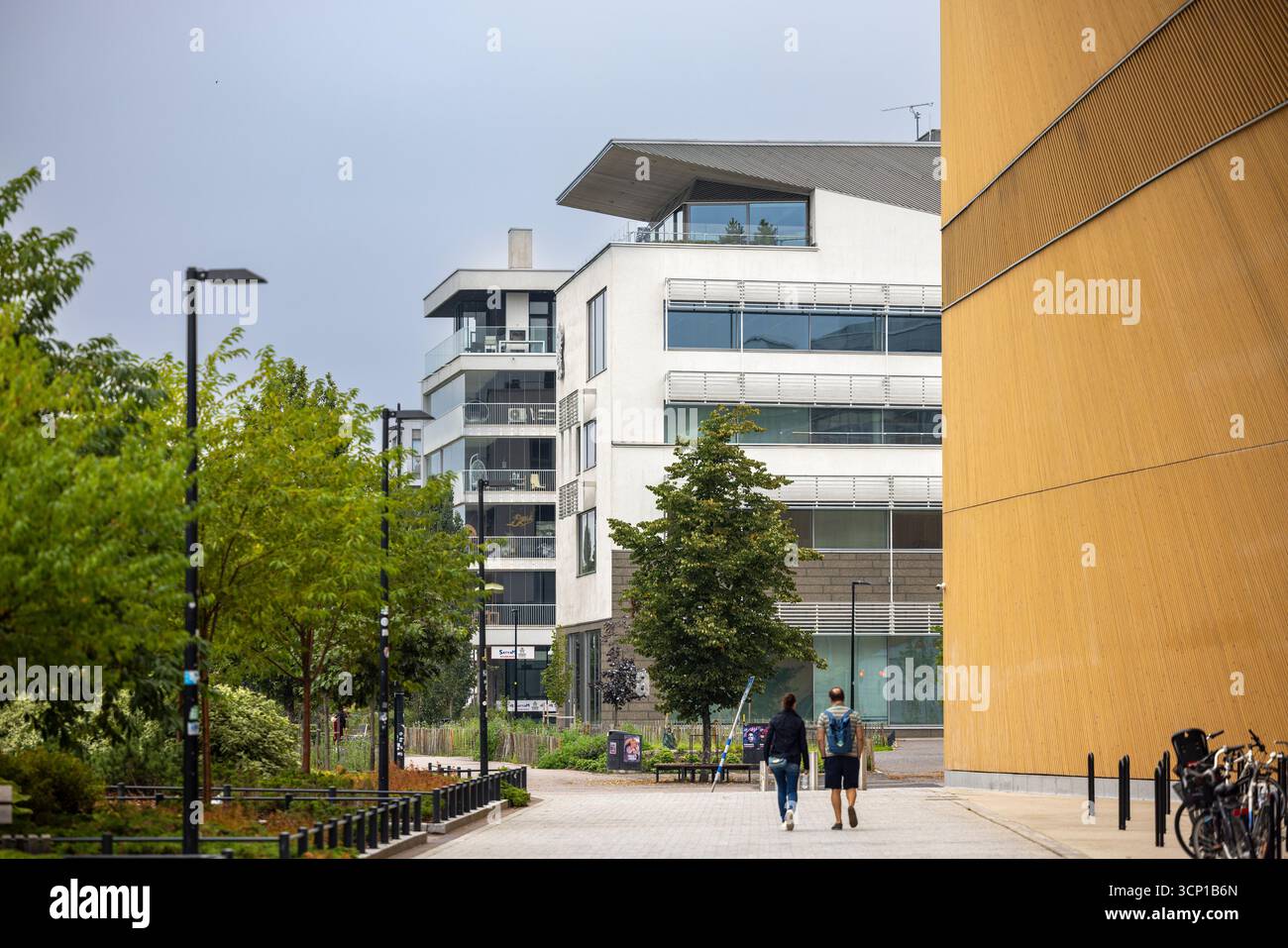 Edificio artistico e moderno della biblioteca a Helsinki con gente davanti Foto Stock