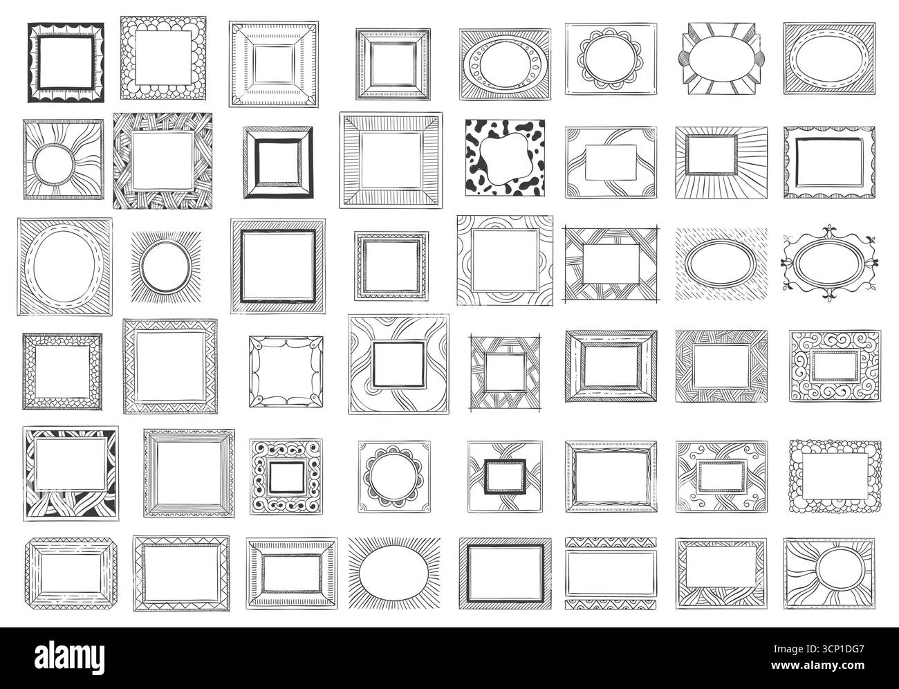 L'ampio set di cornici disegnate a mano offre una varietà di stili, da semplici schizzi a decori, perfetti per aggiungere un tocco unico a qualsiasi Illustrazione Vettoriale