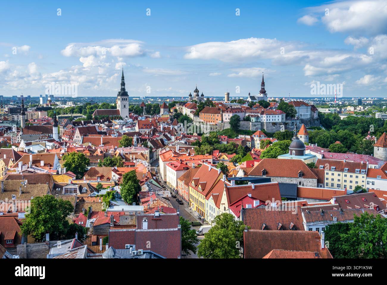 Ammira i tetti di tegole rosse e le guglie della chiesa della città vecchia di Tallinn dalla torre della chiesa di Sant'Olaf a Tallinn, Estonia, Nord Europa Foto Stock
